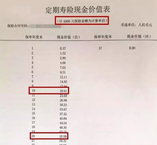 定期壽險現金價值表